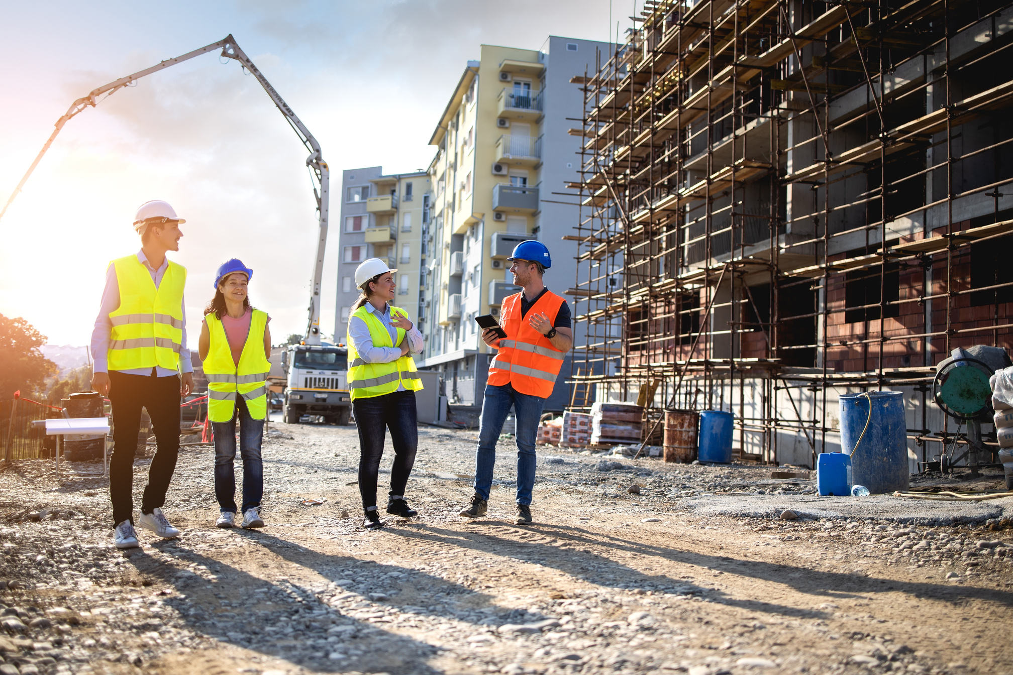 Construction workers having work meeting